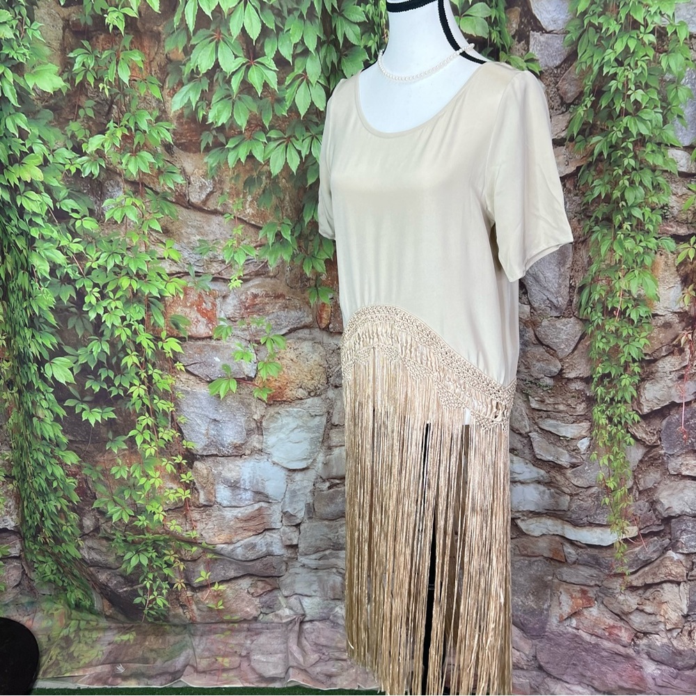NWT TRYB Festival Style Taupe Silk Fringed Short Sleeve Blouse, XS - Picture 6 of 15